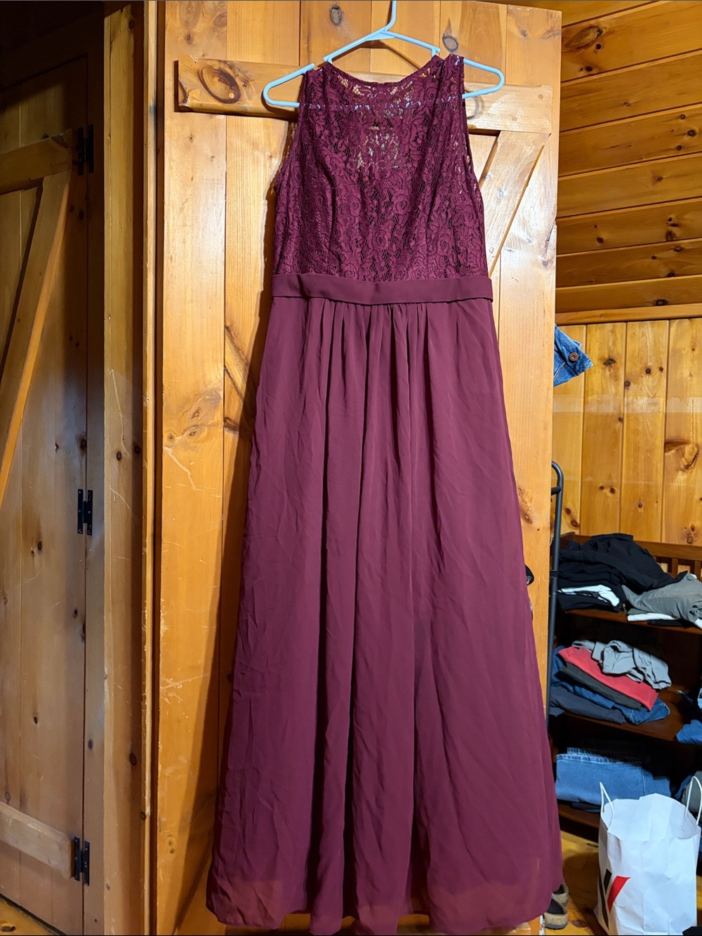 Women's Levkoff Lace Bodice Chiffon Maxi Dress - Burgundy